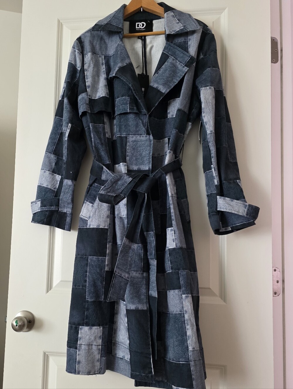 Dee Ocleppo Denim Patchwork Cassie Tie Belt Trench Womns M NWT Boho Western Chic